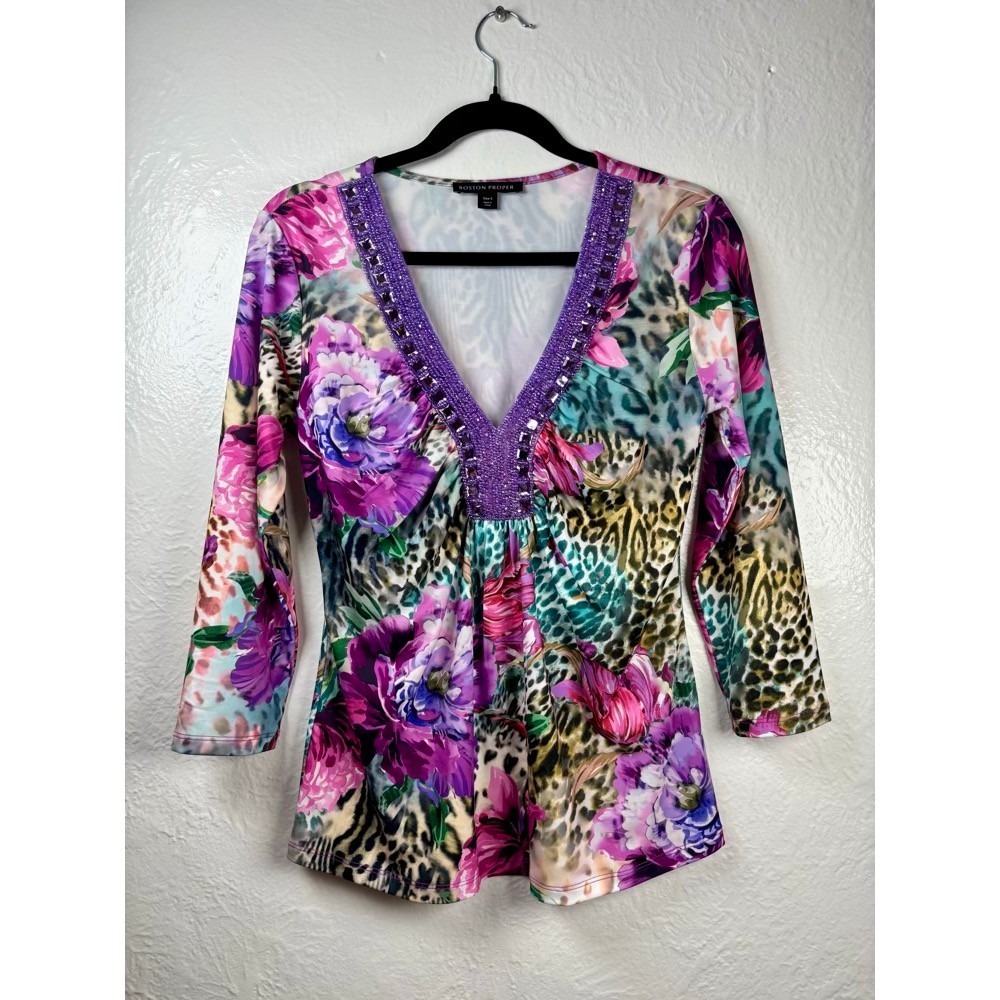 Boston Proper Blouse Women S Multicolor Floral Leopard Beaded Mobwife Glam Bold